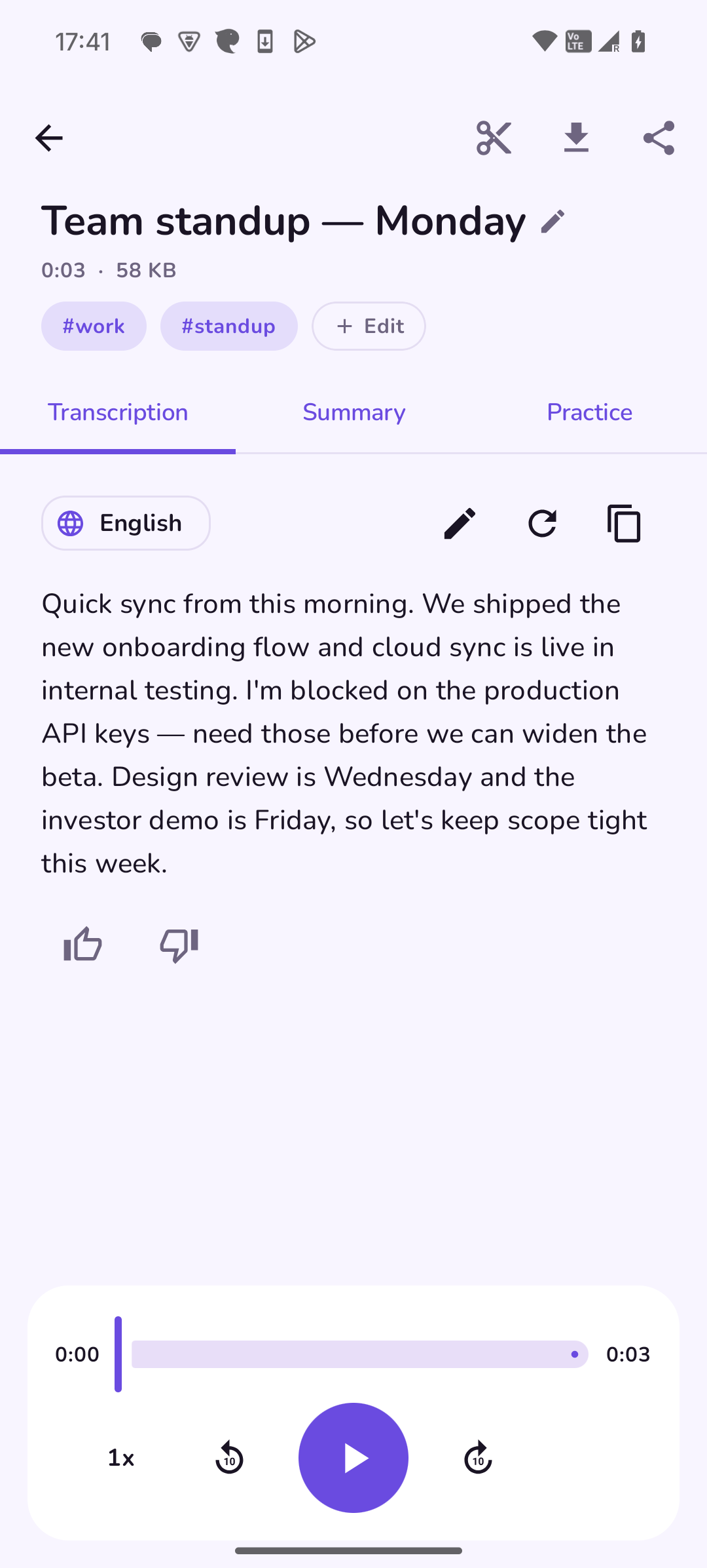 Transcription screen